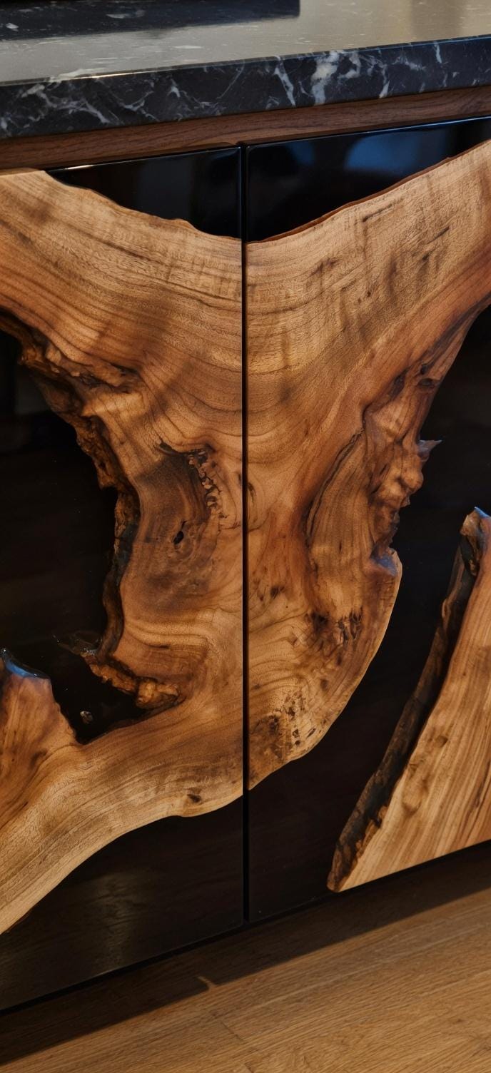 Wooden cabinet with a natural, unfinished wood design on a dark marble surface.
