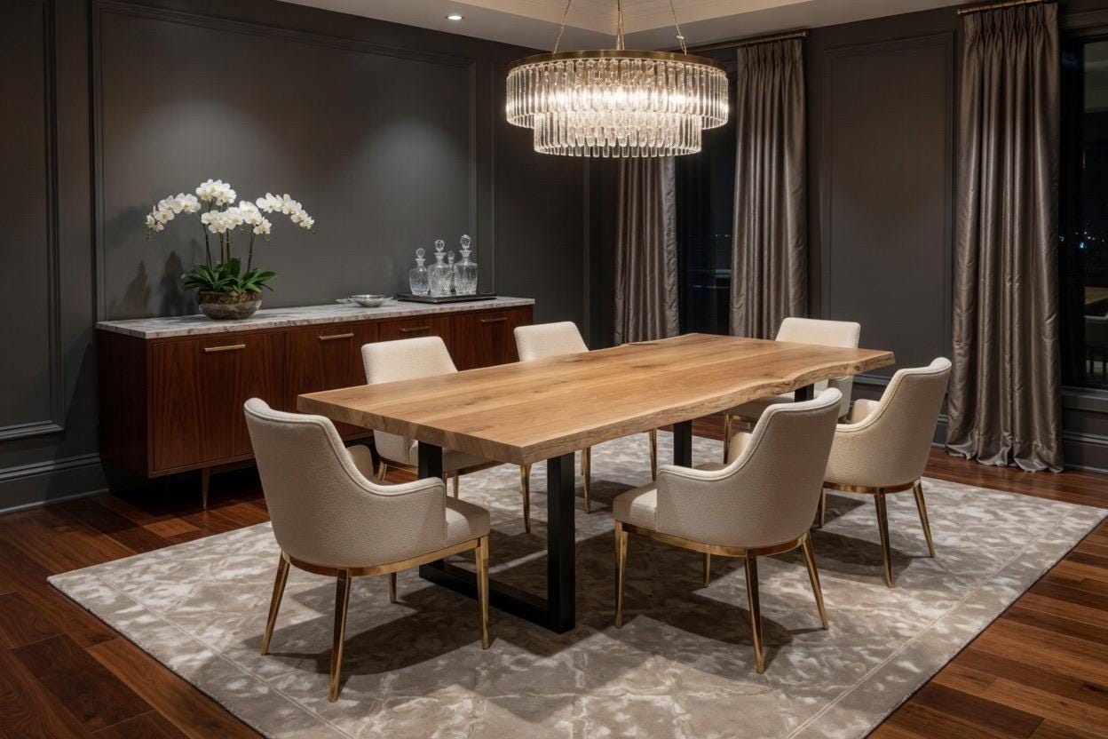 Dining room with a wooden table and chairs in a modern interior setting.