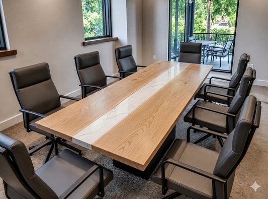 Long wooden conference table with black chairs in a modern office setting.
