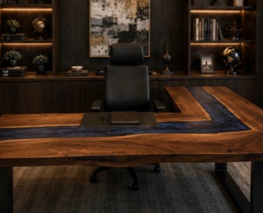Executive Walnut Resin River Desk and Credenza Office