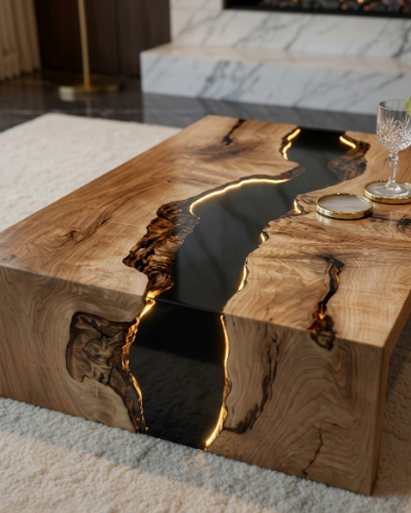 Bespoke Box Elder & Midnight Resin River Coffee Table – 2" Live Edge Slab