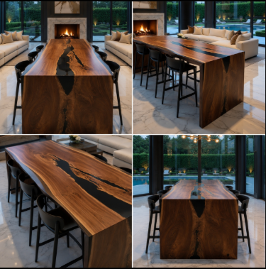 Custom 2" Live Edge Black Walnut Dining Table - Black Epoxy Resin River Table