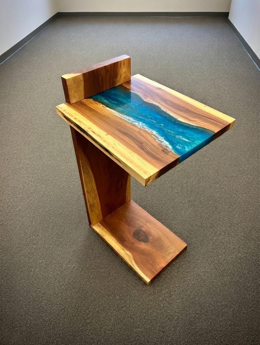Handmade Live Edge Blue Epoxy River RedWood C Table | Modern Walnut Sofa Side Table | Couch Slide Under Table | Solid Wood Furniture