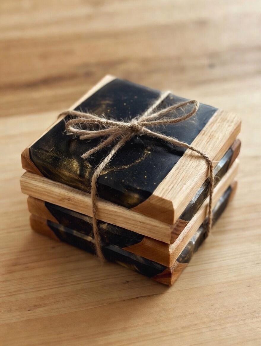 Handmade White Oak and Resin Epoxy Coaster Set | set of 4