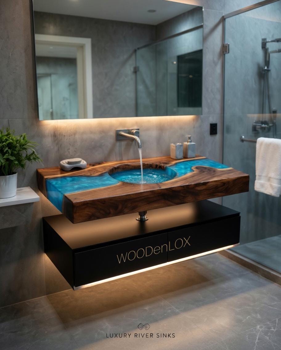 Luxury bathroom sink with wooden countertop and 'Woodenlox' branding.