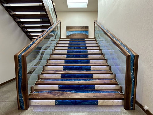 Handmade ASH and Epoxy Resin Stair Treads – Non-Slip, Custom Luxury Interior Steps