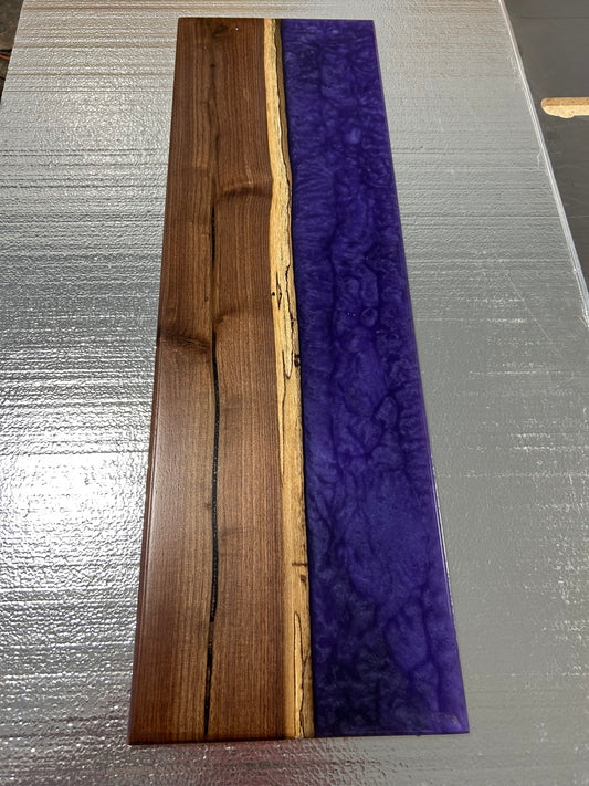 Walnut bath caddy with purple epoxy river, top view