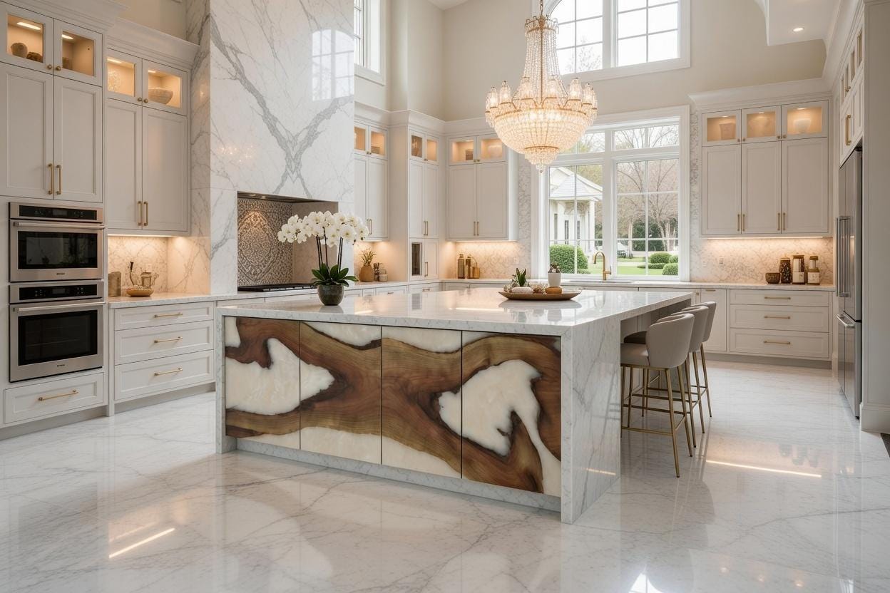Modern kitchen with marble island and white cabinets