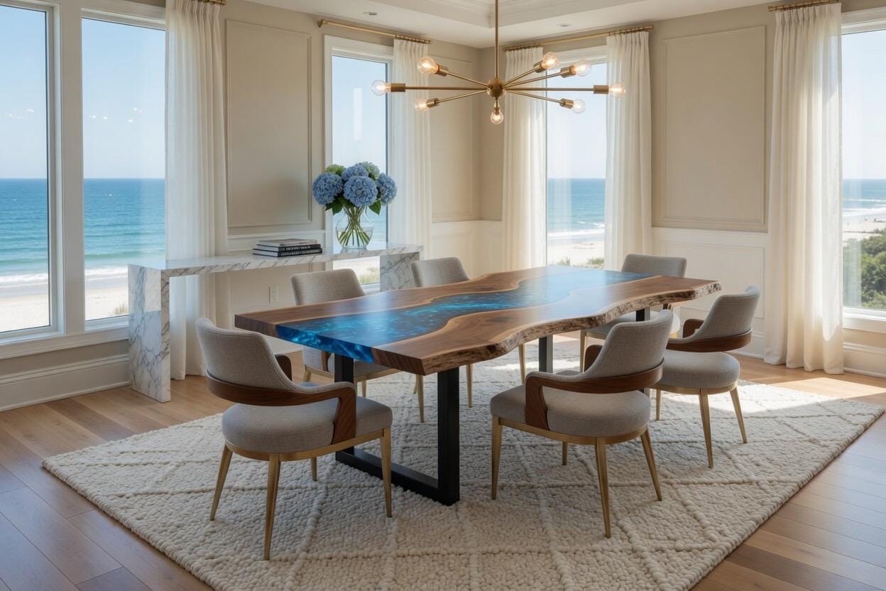 Modern dining room with a large wooden table and chairs, featuring a view of the ocean.