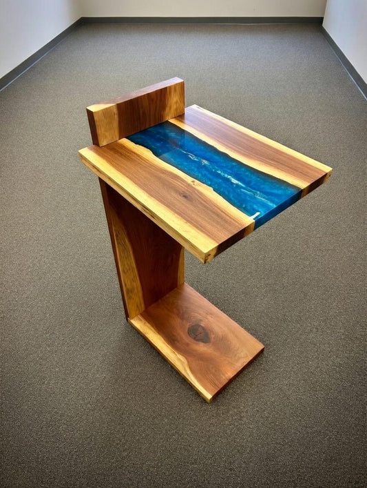Handmade Live Edge Blue Epoxy River RedWood C Table | Modern Walnut Sofa Side Table | Couch Slide Under Table | Solid Wood Furniture