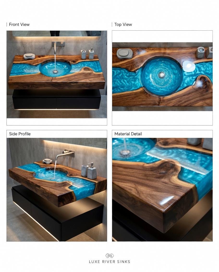 Luxury river sink with wooden exterior and blue interior, shown from front, top, side, and material detail views.