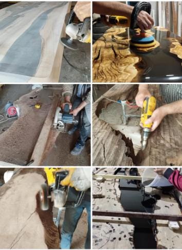 Collage of various construction or renovation activities with tools and materials.