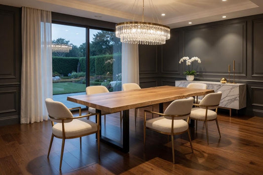 Modern dining room with wooden table and chairs near a large window.