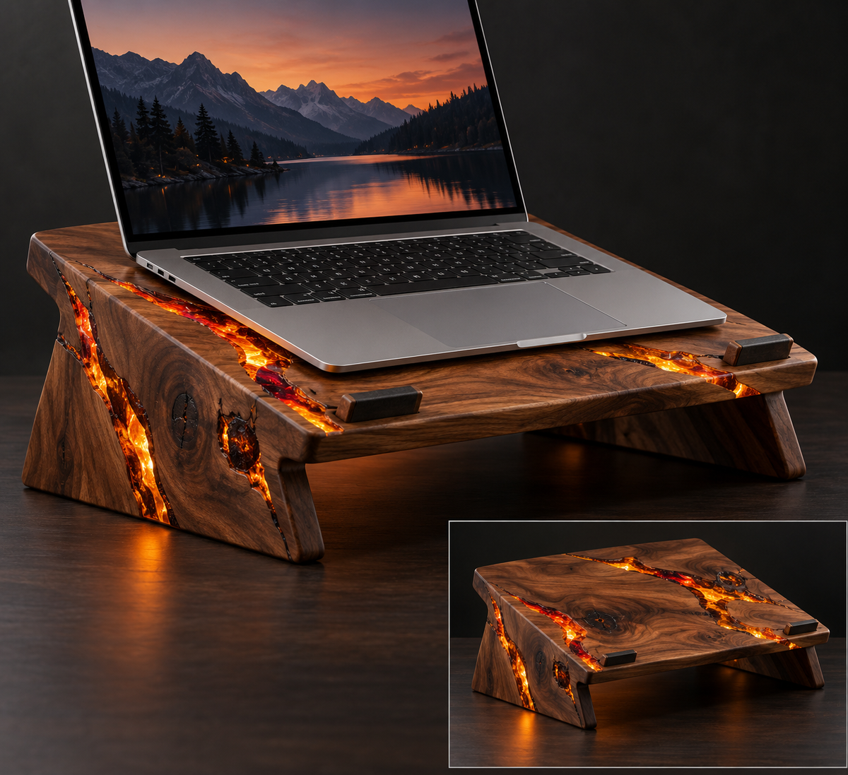 Walnut laptop stand with glowing ember epoxy inlay and LED backlighting, laptop on top