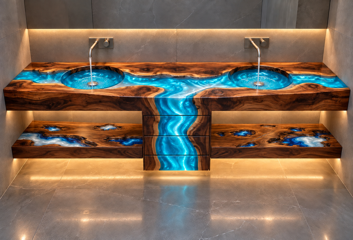 Custom double-bowl walnut river vanity with blue epoxy