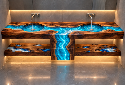 Custom double-bowl walnut river vanity with blue epoxy