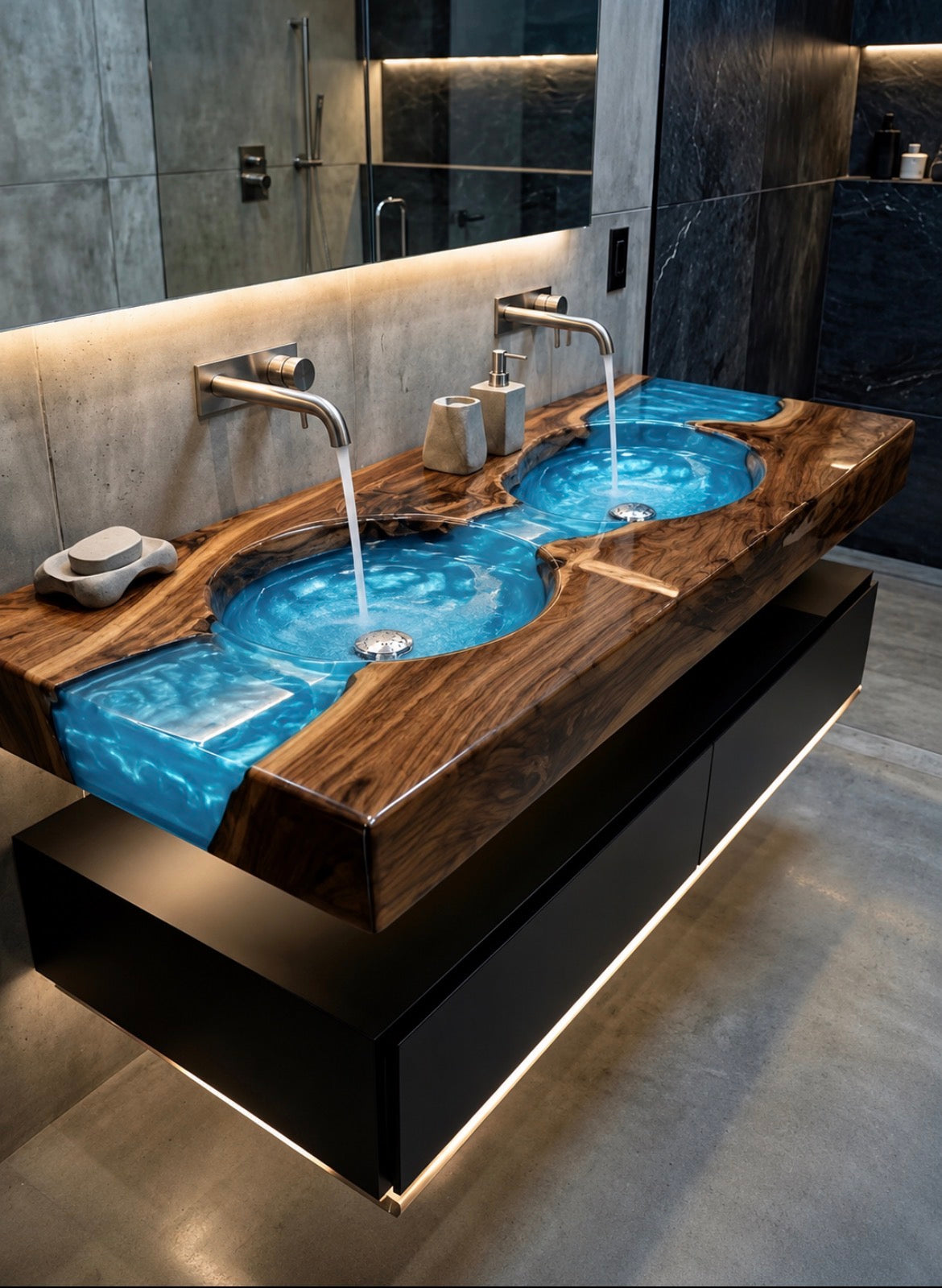Live Edge Walnut River Table, Epoxy Resin & Wood Sink Vanity (Double bowl)