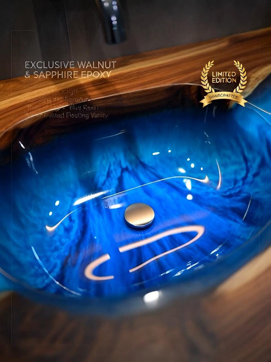 Blue glass sink with wooden faucet and 'Limited Edition' label