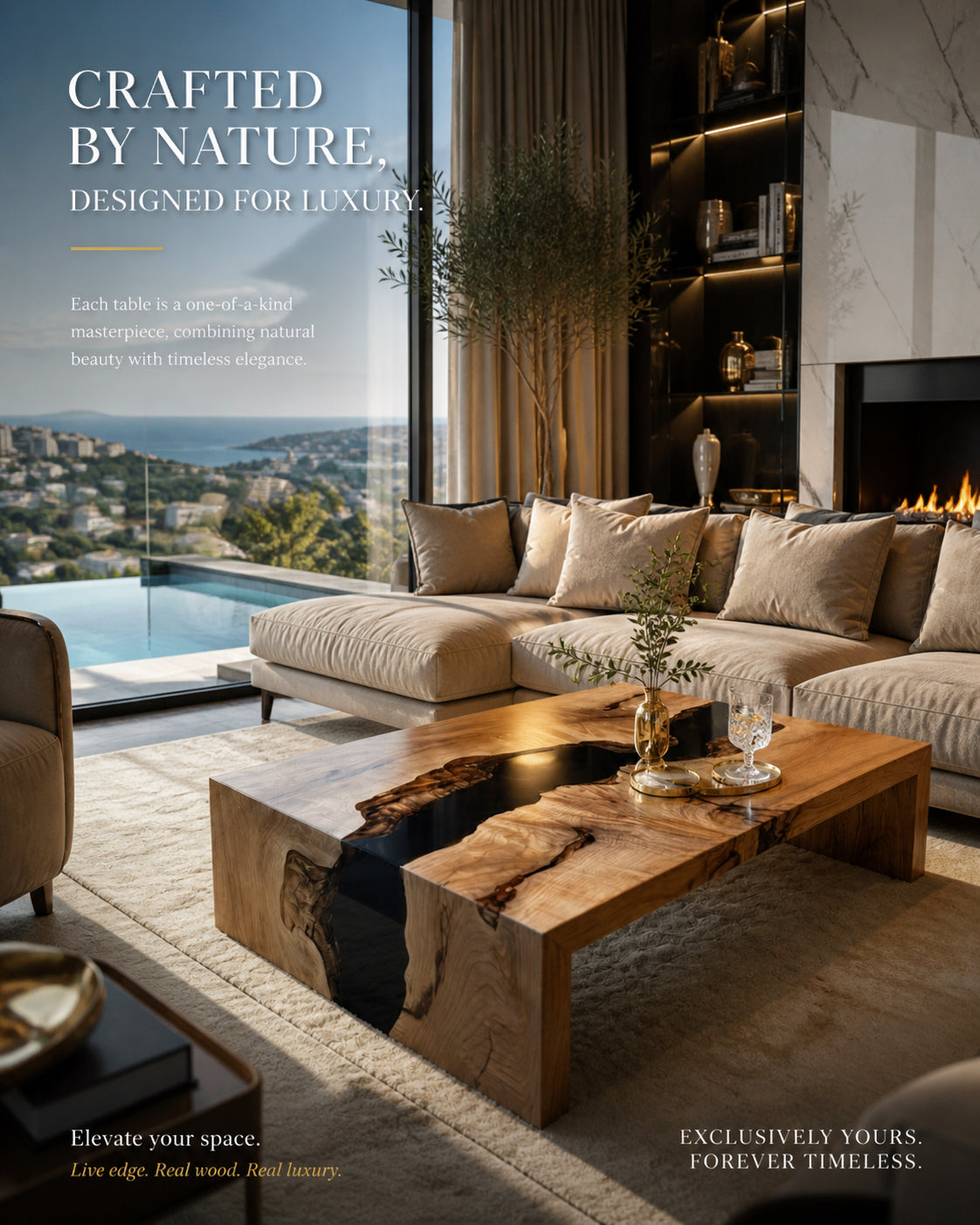 Modern living room with a large sectional sofa, wooden coffee table, and scenic view.