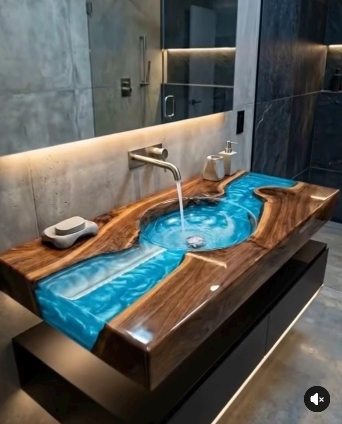 Bathroom sink with wooden edge and blue resin inlay