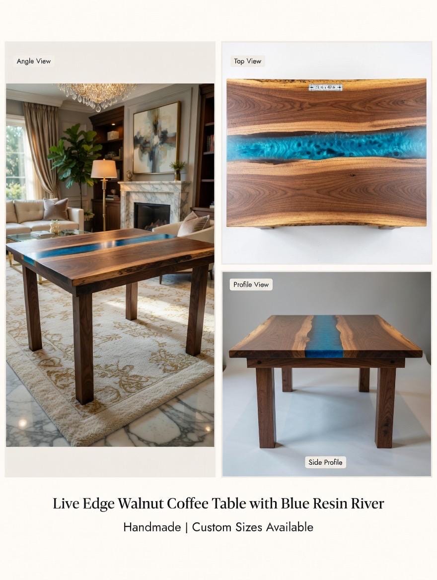 Live Edge Walnut Coffee Table with Blue Resin River shown from different angles.