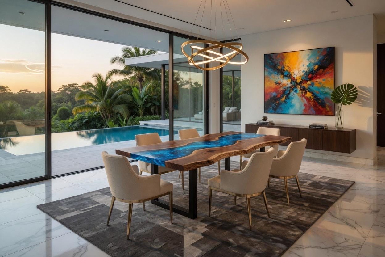 Modern dining room with a blue resin table and large windows overlooking a pool and garden.
