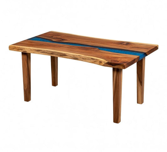 Wooden table with blue resin inlay on a white background