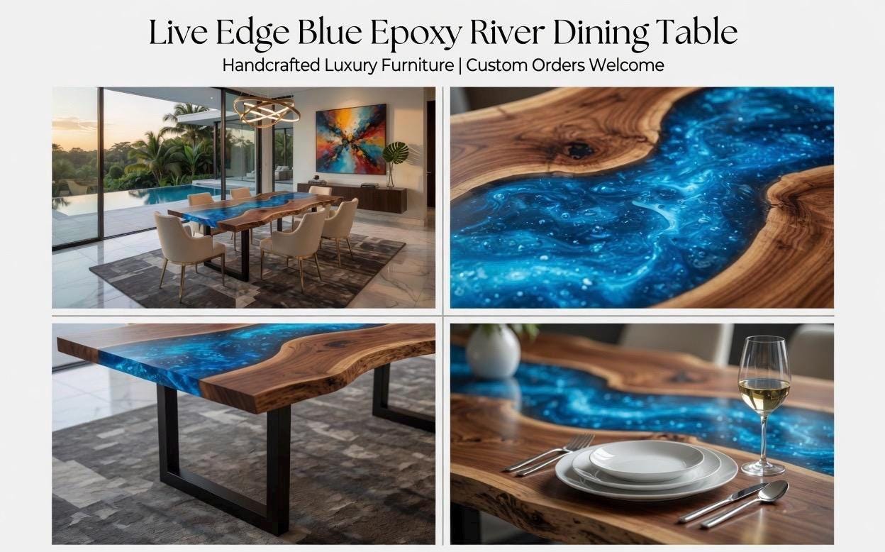 Live edge blue epoxy river dining table with various views and settings.