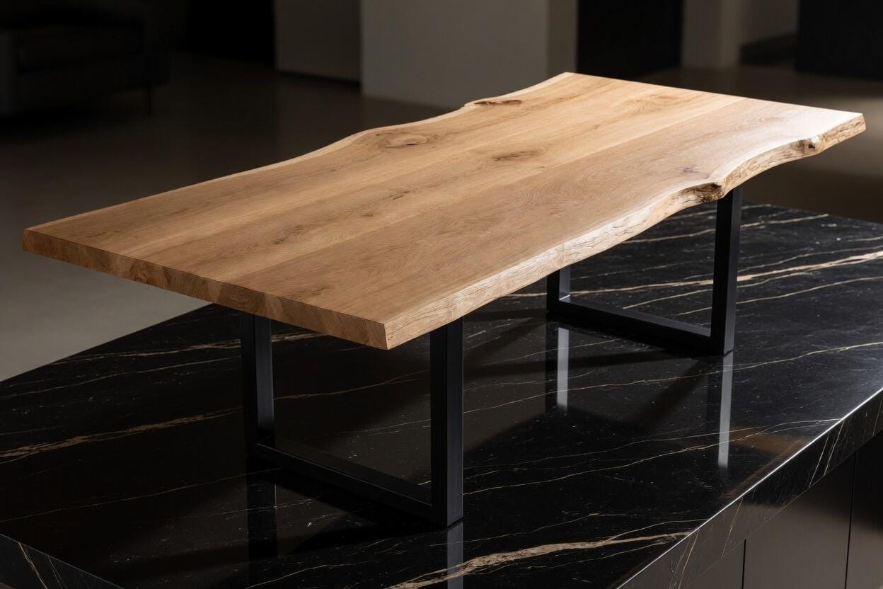 Wooden coffee table with black metal legs on a dark marble floor
