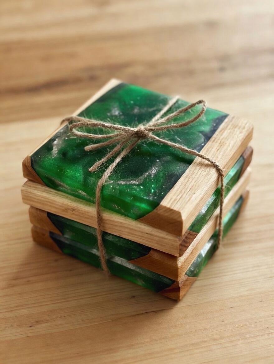 Handmade White Oak and Resin Epoxy Coaster Set | set of 4