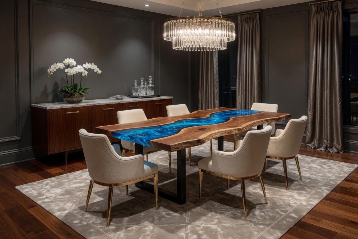 Modern dining room with a unique wooden table featuring a blue resin top.