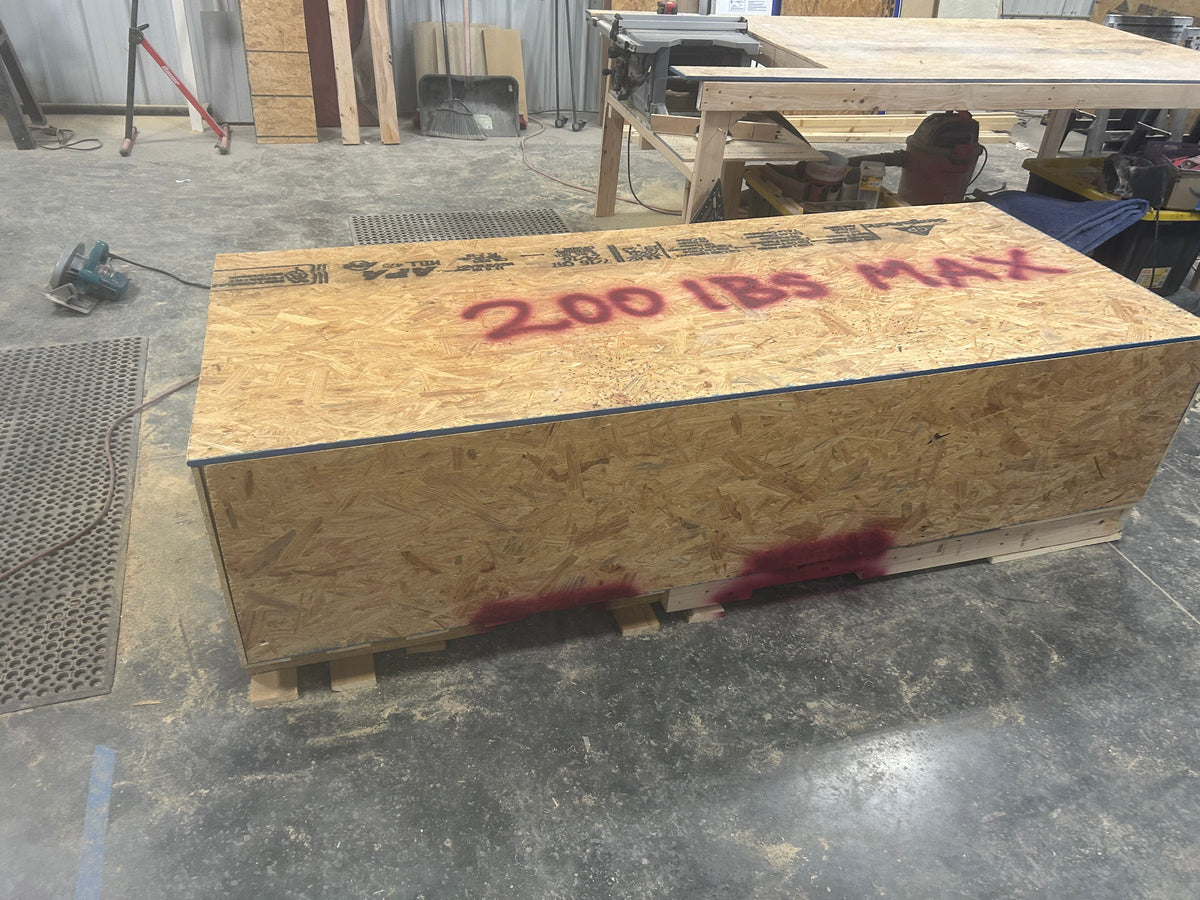 Custom wooden shipping crate for the media console