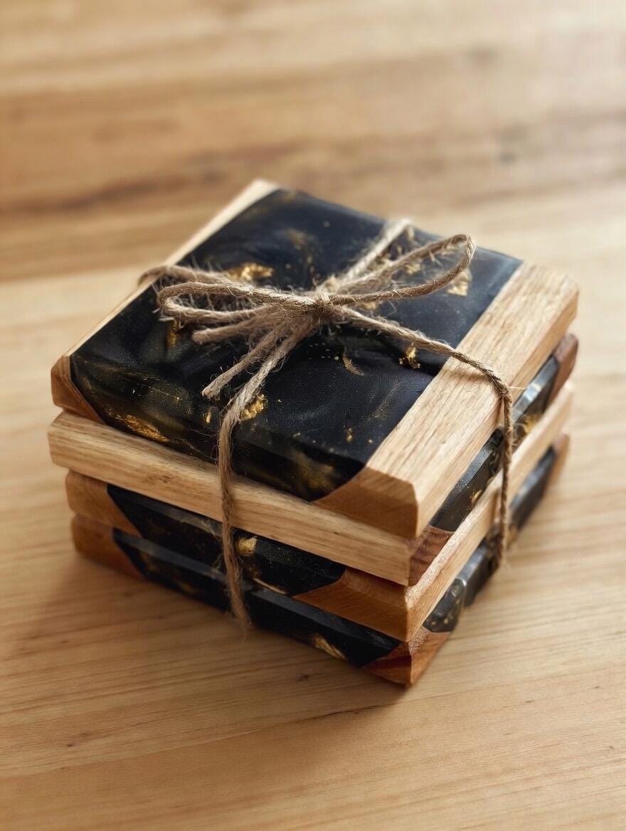 Handmade White Oak and Resin Epoxy Coaster Set | set of 4