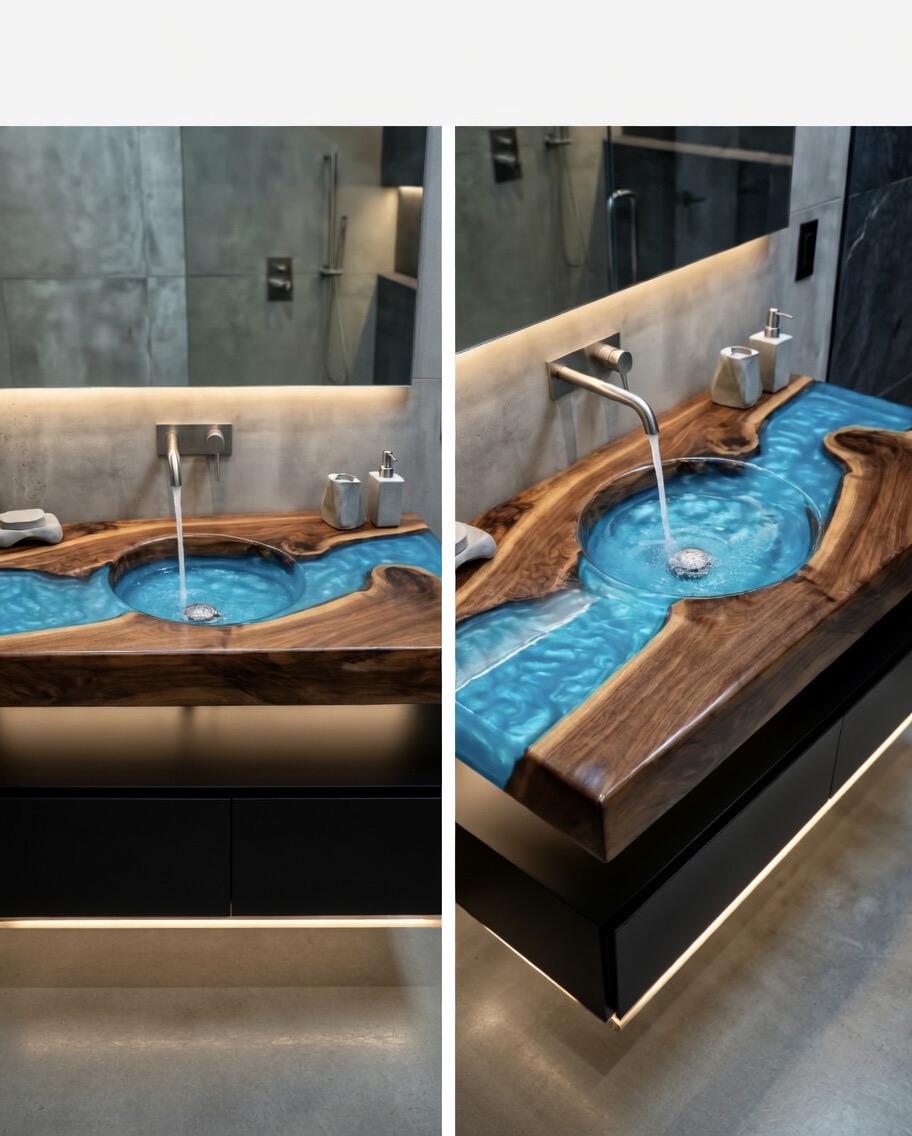 Bathroom sink with wooden edge and blue resin, modern design.