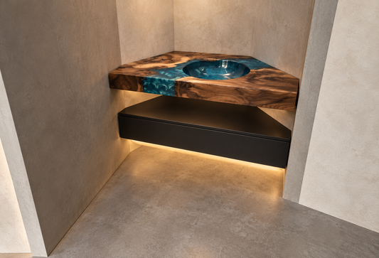 Custom Corner River Sink Vanity — Walnut & Blue Epoxy River, Floating Cabinet