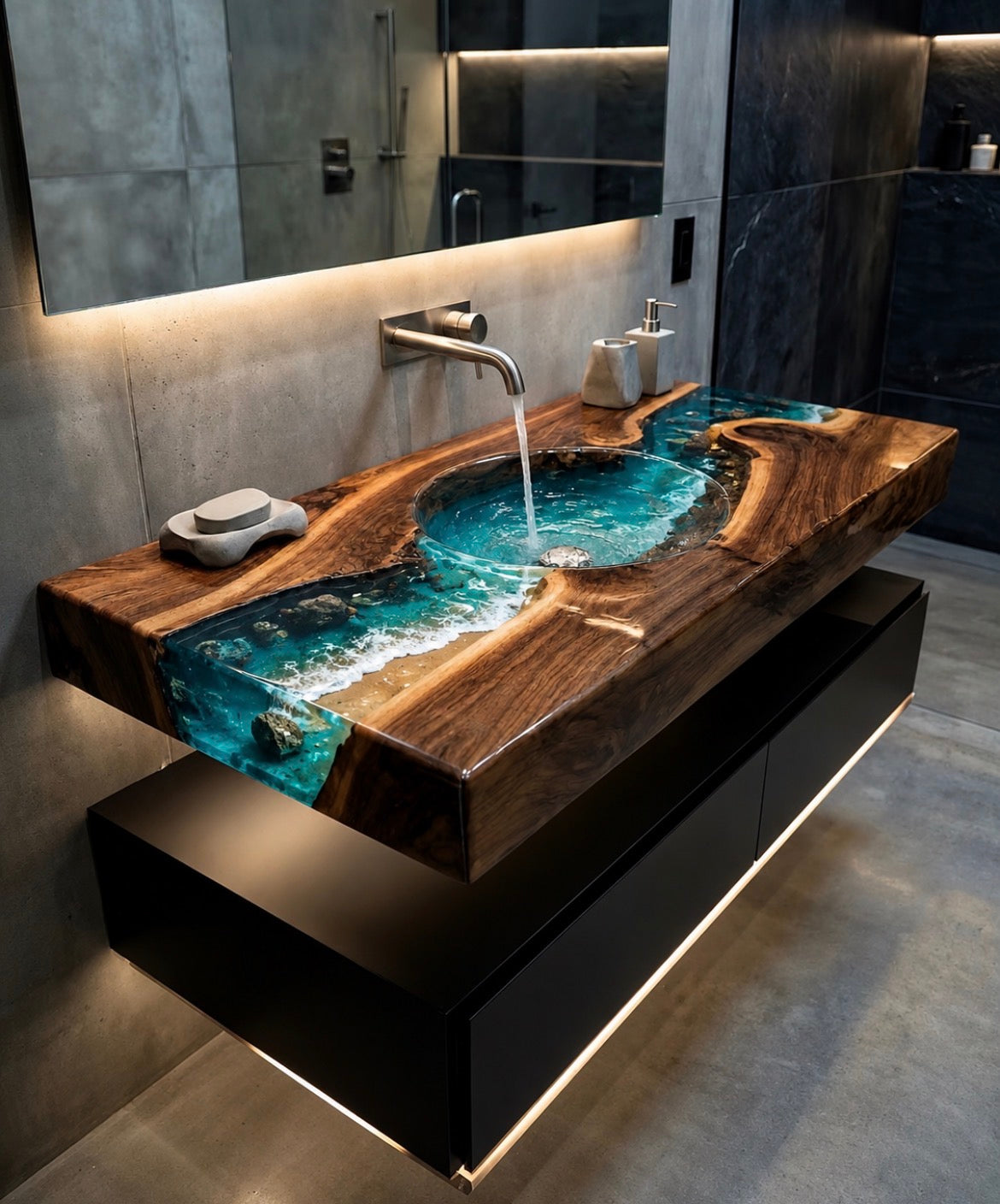 Live Edge Walnut River Table, Epoxy Resin & Wood Sink Vanity (Double bowl)