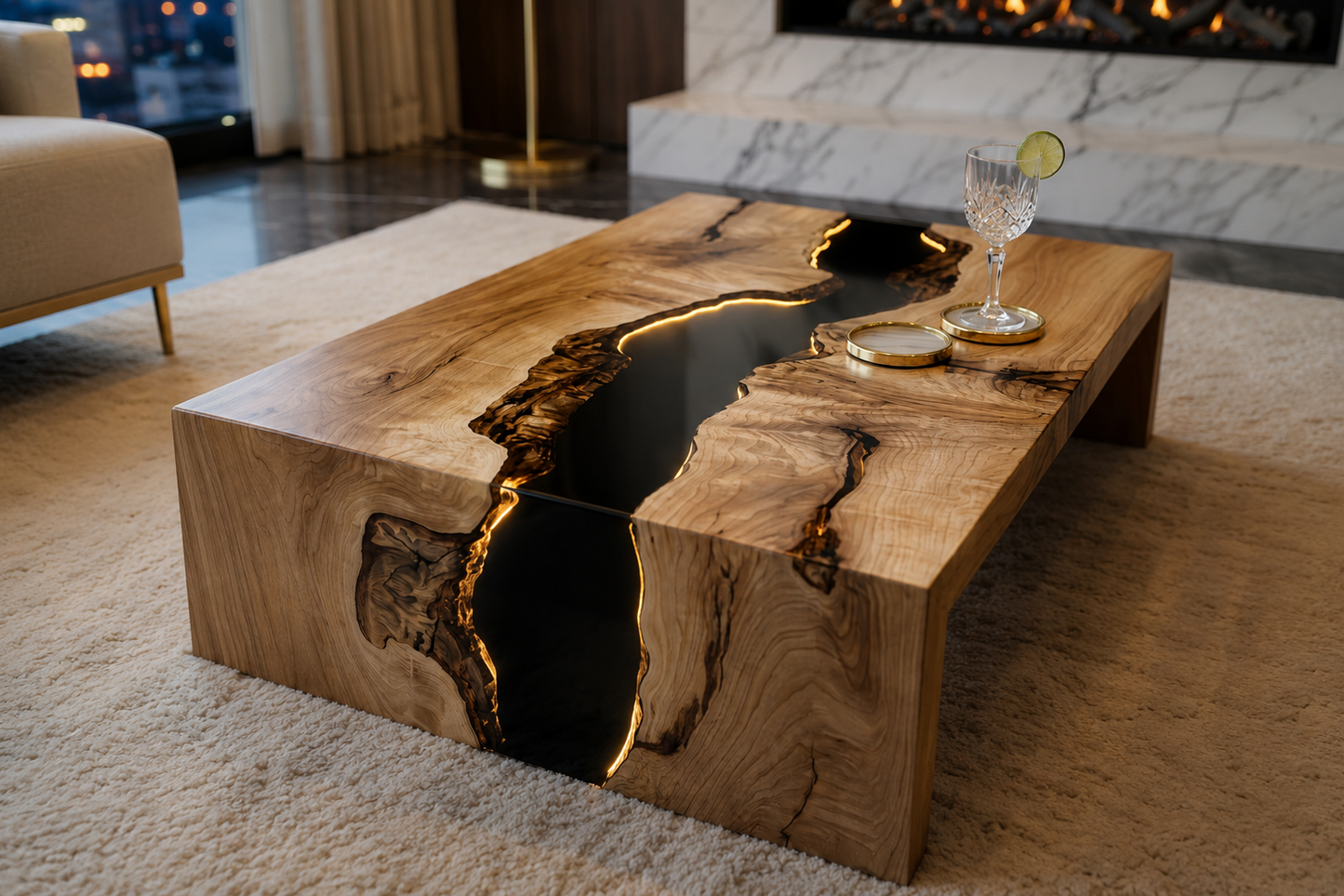Bespoke Box Elder & Midnight Resin River Coffee Table – 2" Live Edge Slab