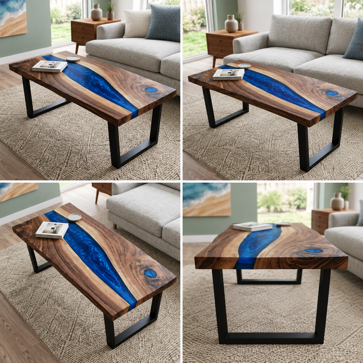 Four angles of the walnut blue epoxy river coffee table