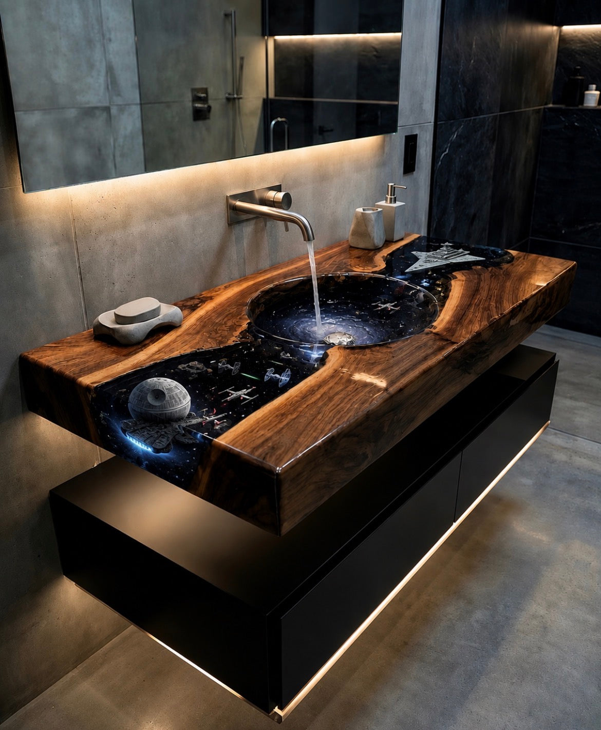 Live Edge Walnut River Table, Epoxy Resin & Wood Sink Vanity (Double bowl)