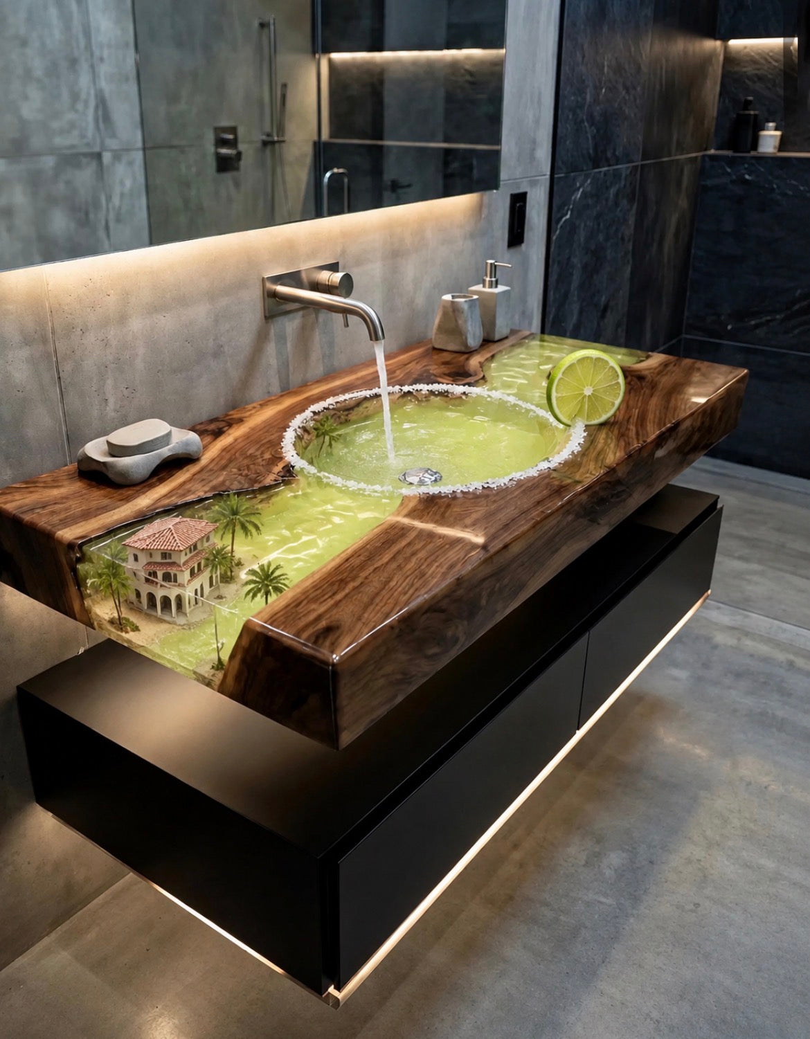 Live Edge Walnut River Table, Epoxy Resin & Wood Sink Vanity (Double bowl)