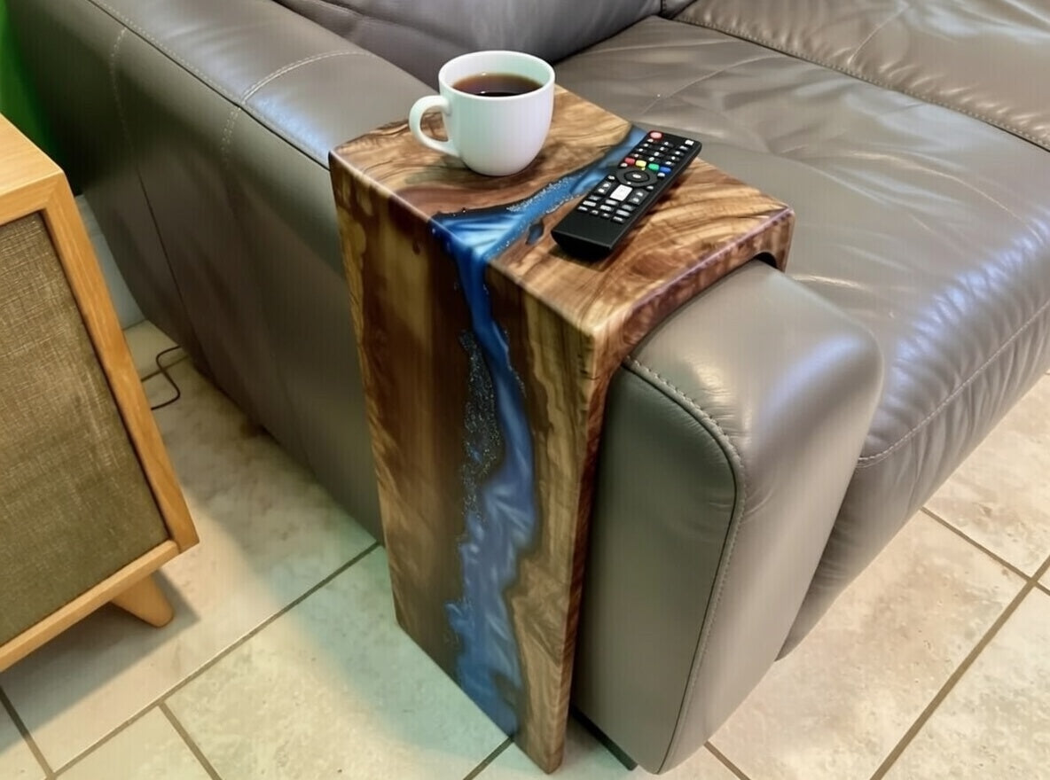 Black walnut/ash epoxy sofa armrest table With WATERFALL
