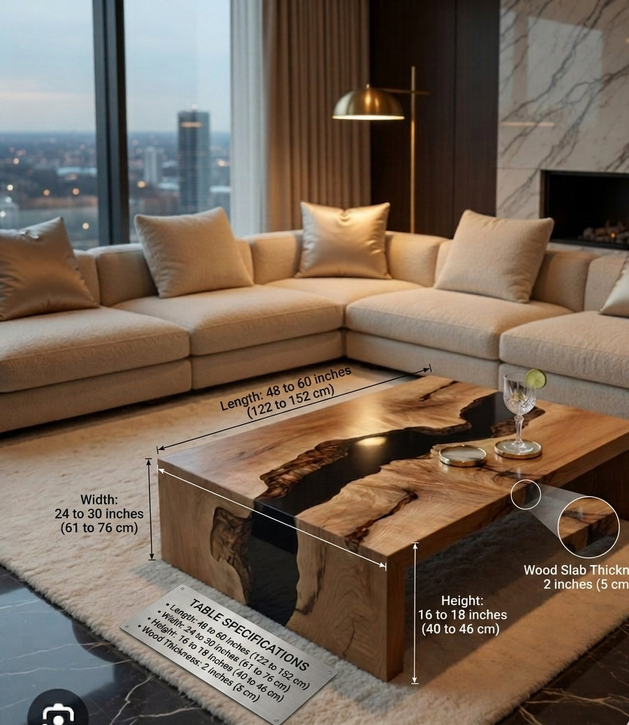 Wooden coffee table with specifications in a modern living room