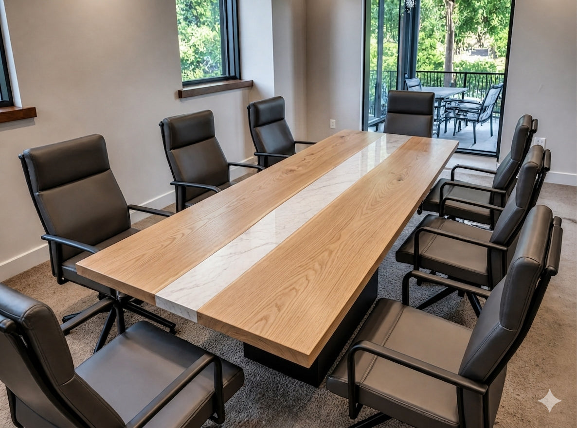 Long wooden conference table with black chairs in a modern office setting.