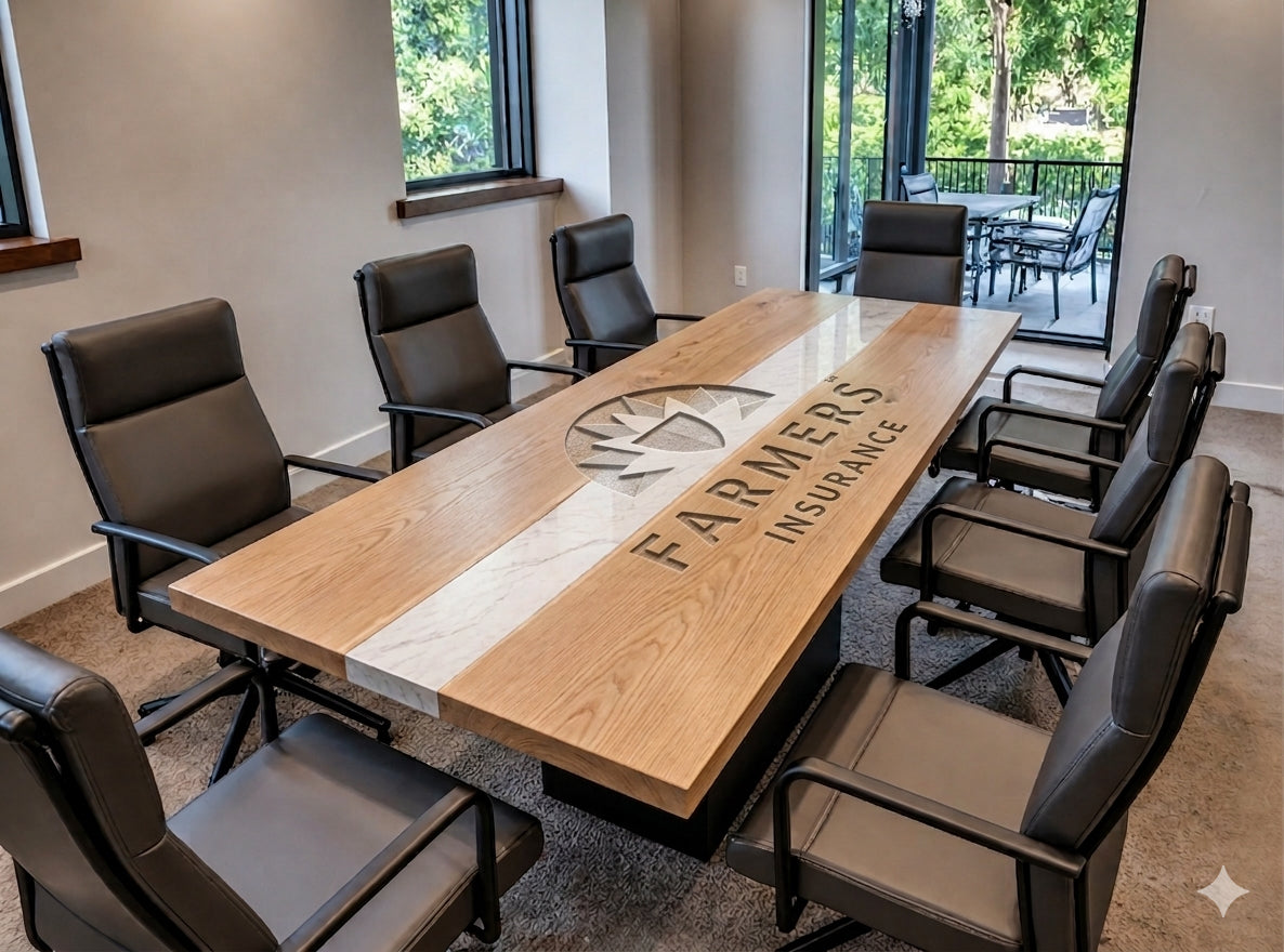Conference room with a long wooden table featuring 'Farmers Insurance' branding, surrounded by black chairs.