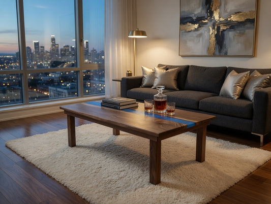 Modern living room with a cityscape view, dark gray sofa, wooden coffee table, and abstract painting.