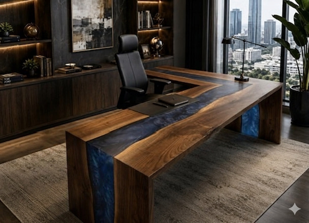 Executive Walnut Resin River Desk and Credenza Office