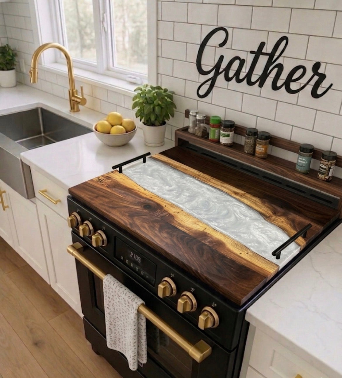 Walnut noodle board with white pearl epoxy river on a range