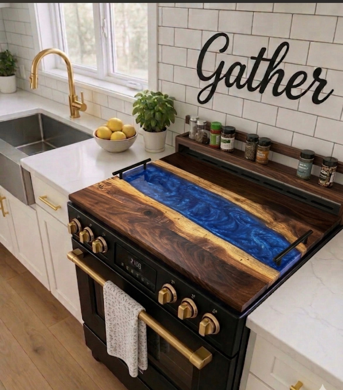 Walnut stove cover with deep blue epoxy river