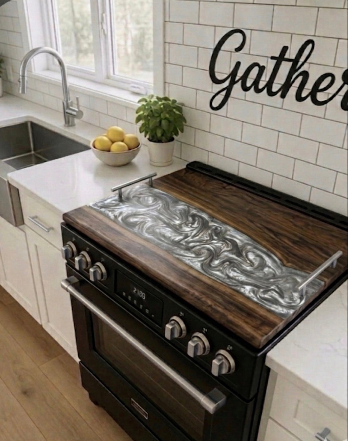 Noodle board with silver gray epoxy swirl on a gas range