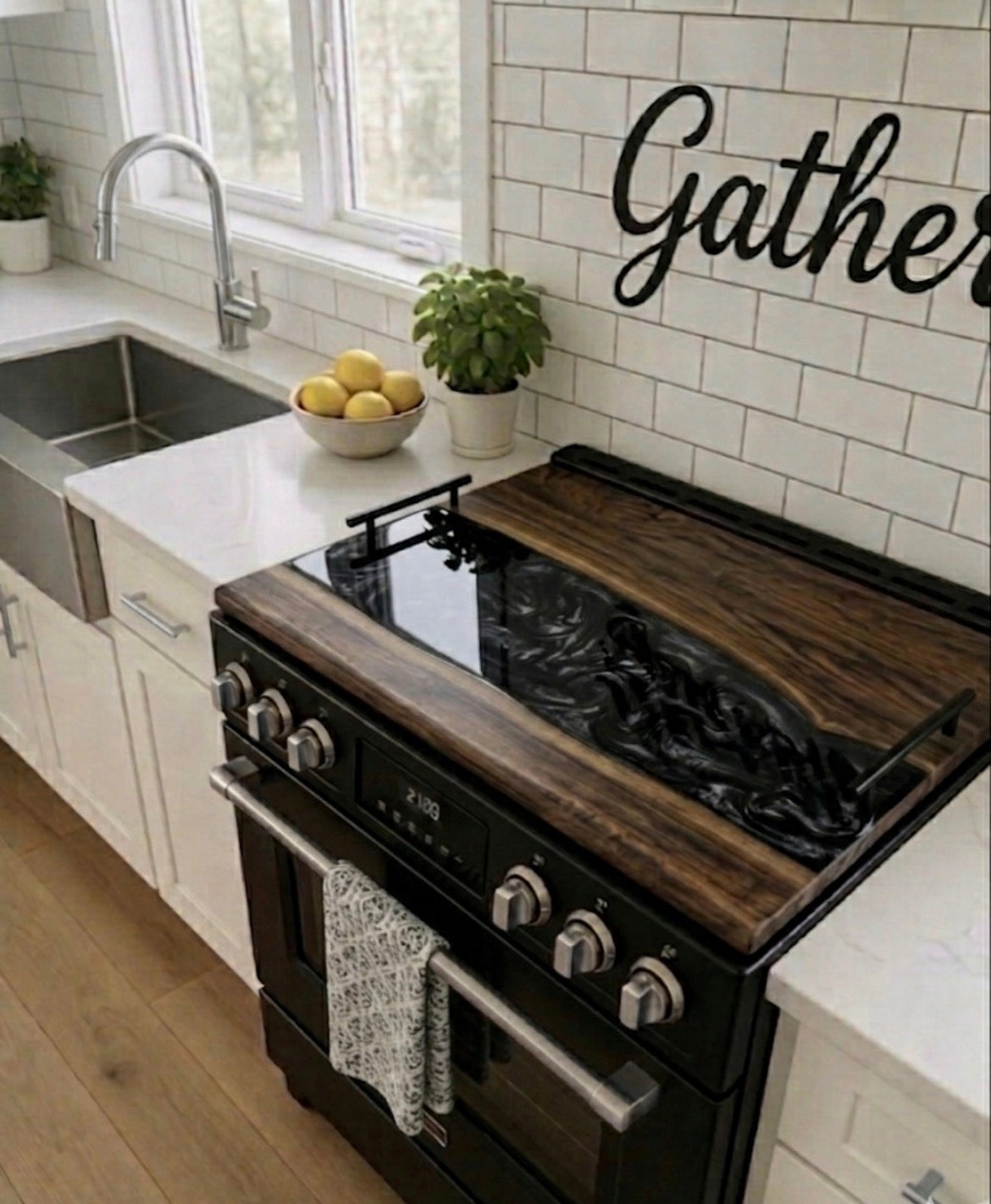 Walnut noodle board with black epoxy river on a stove